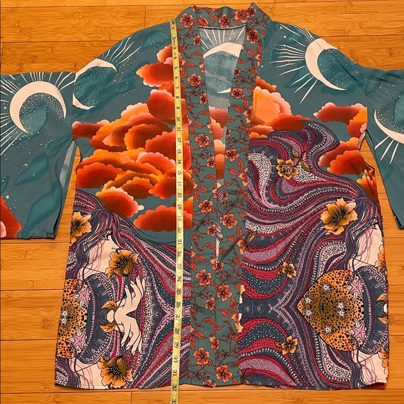 Teal Stargazer Kimono Short Robe Lightweight Cover Up Festival Beach Layer Boho - Picture 13 of 16